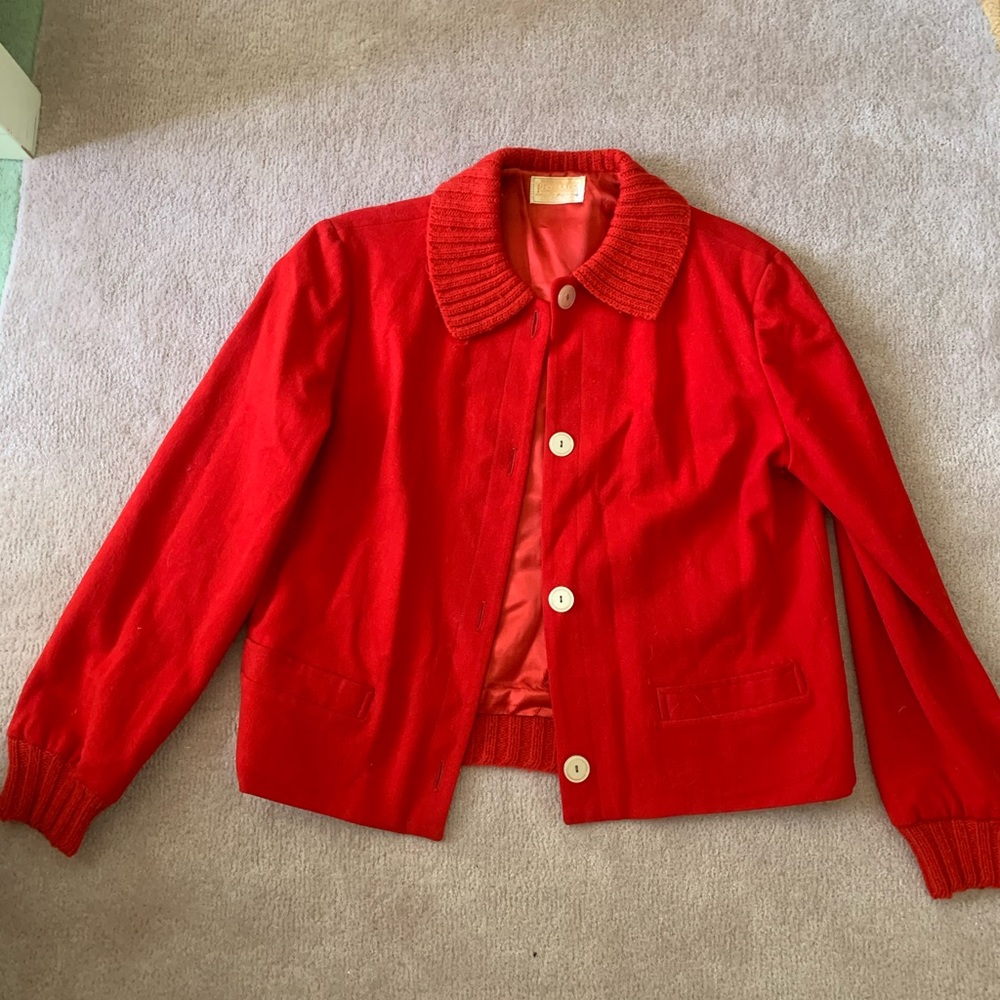 Red button down jacket